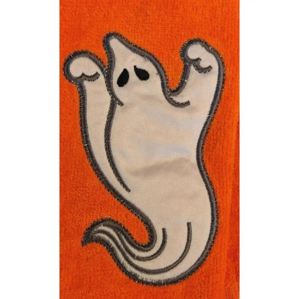 3 Vtg Halloween Hand Towels Embroidered Tea Ghost Candy Corn Pumpkin Applique